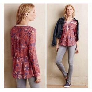 Maeve‎ Abella Floral Butterfly Crochet Trim Pleated Tunic Blouse Cotton Size 6